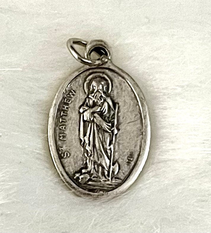 Saint Matthew Medal, Patron Saint of Bankers, Silver Oxidized Die Cast Patron Saint Medals