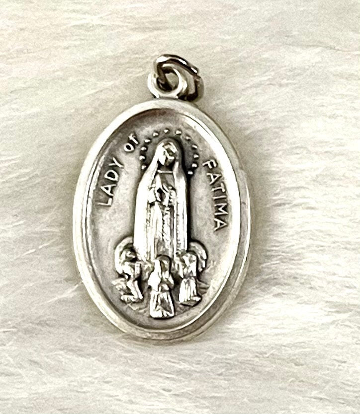 Our Lady of Fatima medal, Medal for Protection and Hope, Silver Oxidized Die Cast Patron Saint Medals