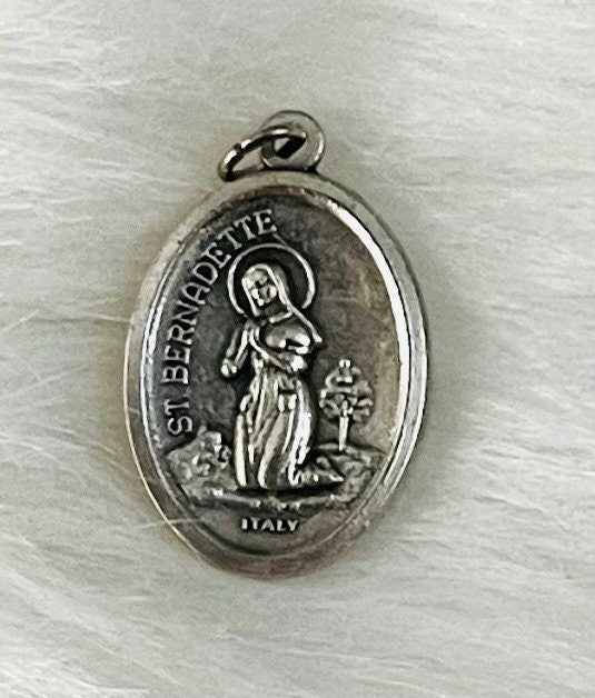 Saint Bernadette Medal, Patron Saint Illness, Patron Saint of Poverty, St Bernadette Medal, Our Lady of Lourdes, Silver Oxidized Saint Medal