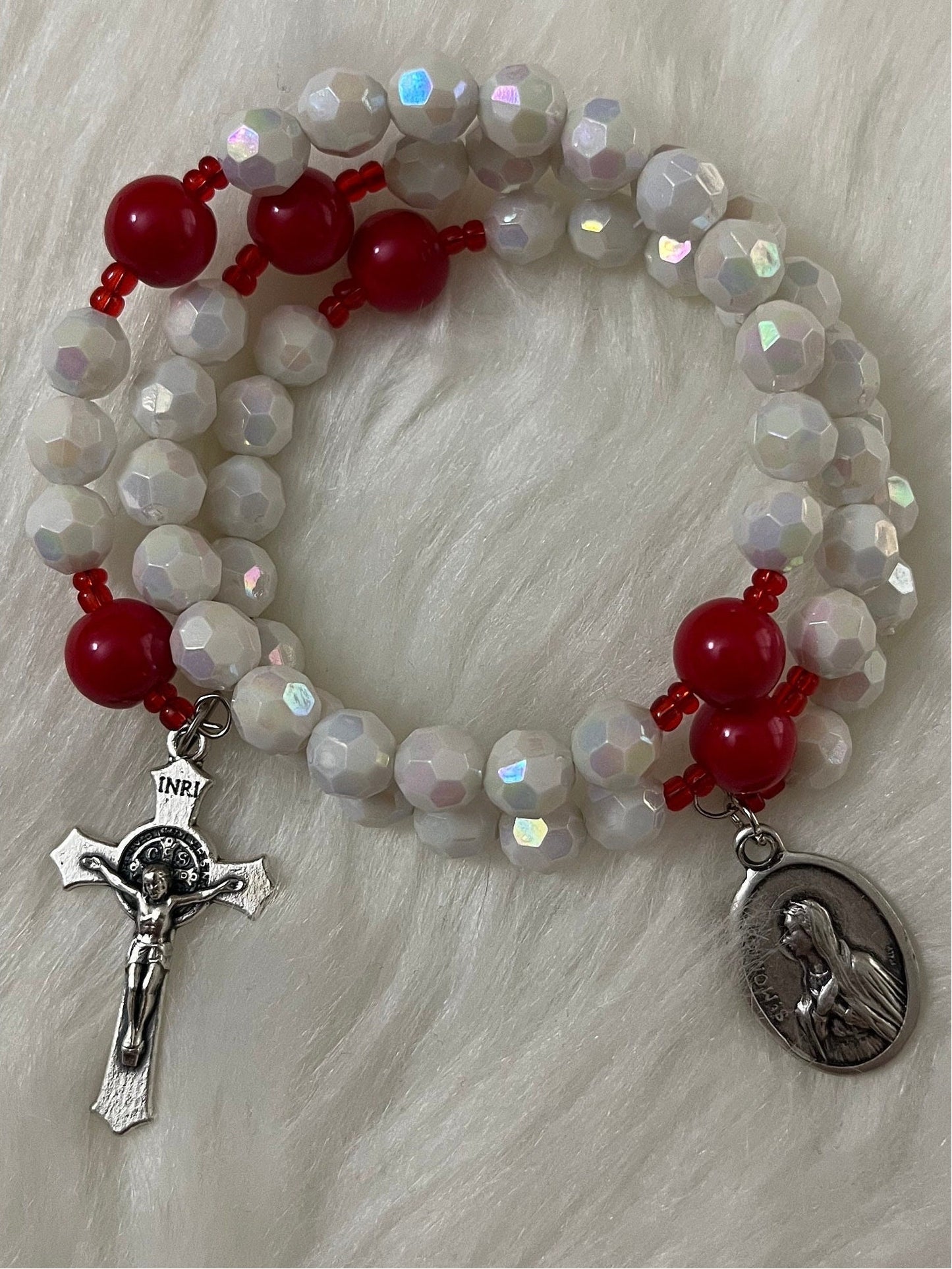 White and Red Saint Monica Wrap Rosary Patron Saint of Mothers