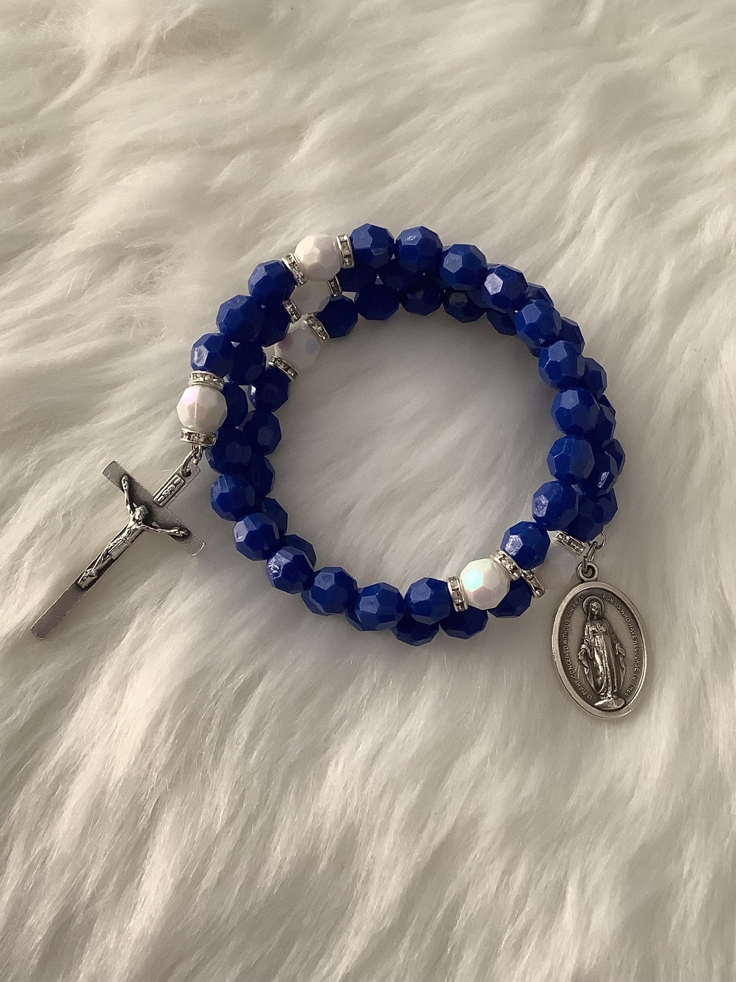 Miraculous Medal Wrap Rosary Bracelet, Catholic gift, Blue and White Rosary Wrap Bracelet