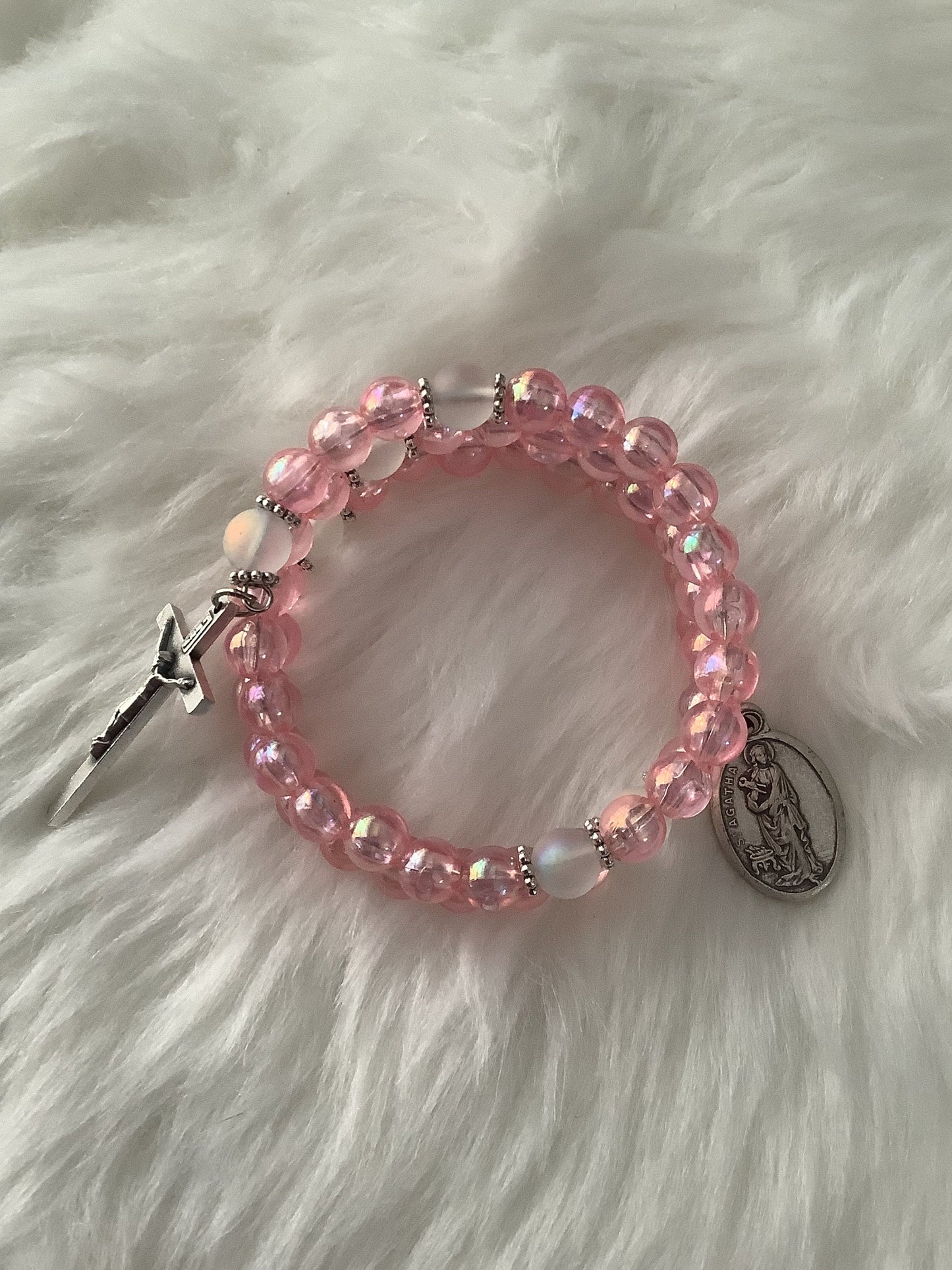 Pink Breast Cancer Inspired Rosary Wrap Bracelet, St Agatha Patron Saint Illness Rosary,  Breast Cancer Awareness Gift, You are not alone