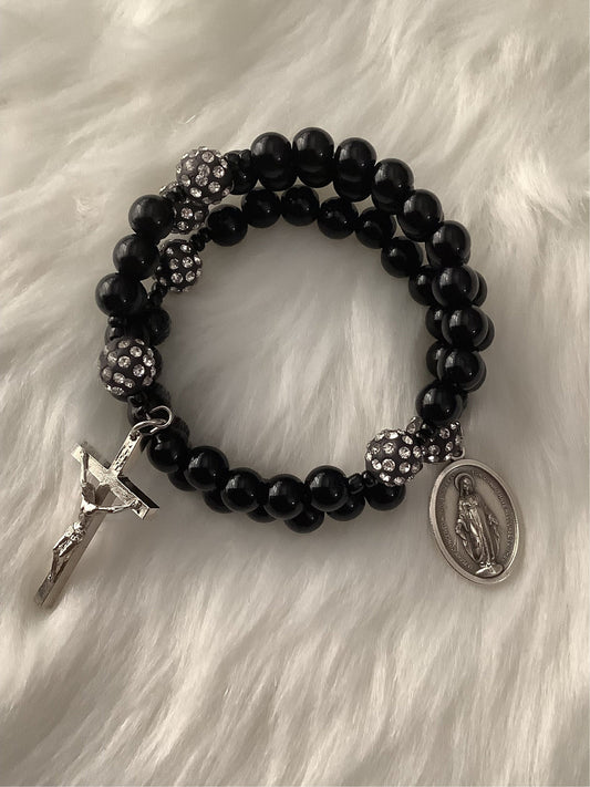 Black Wrap Rosary Bracelet with Patron Saint Medal