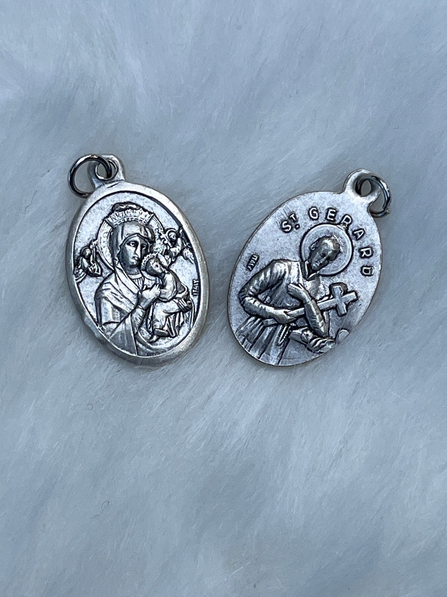 Our Lady of Perpetual Help and St Gerard Medal, Silver Oxidized Die Cast Patron Saint Medals, Patron Saint of Expectant Mothers