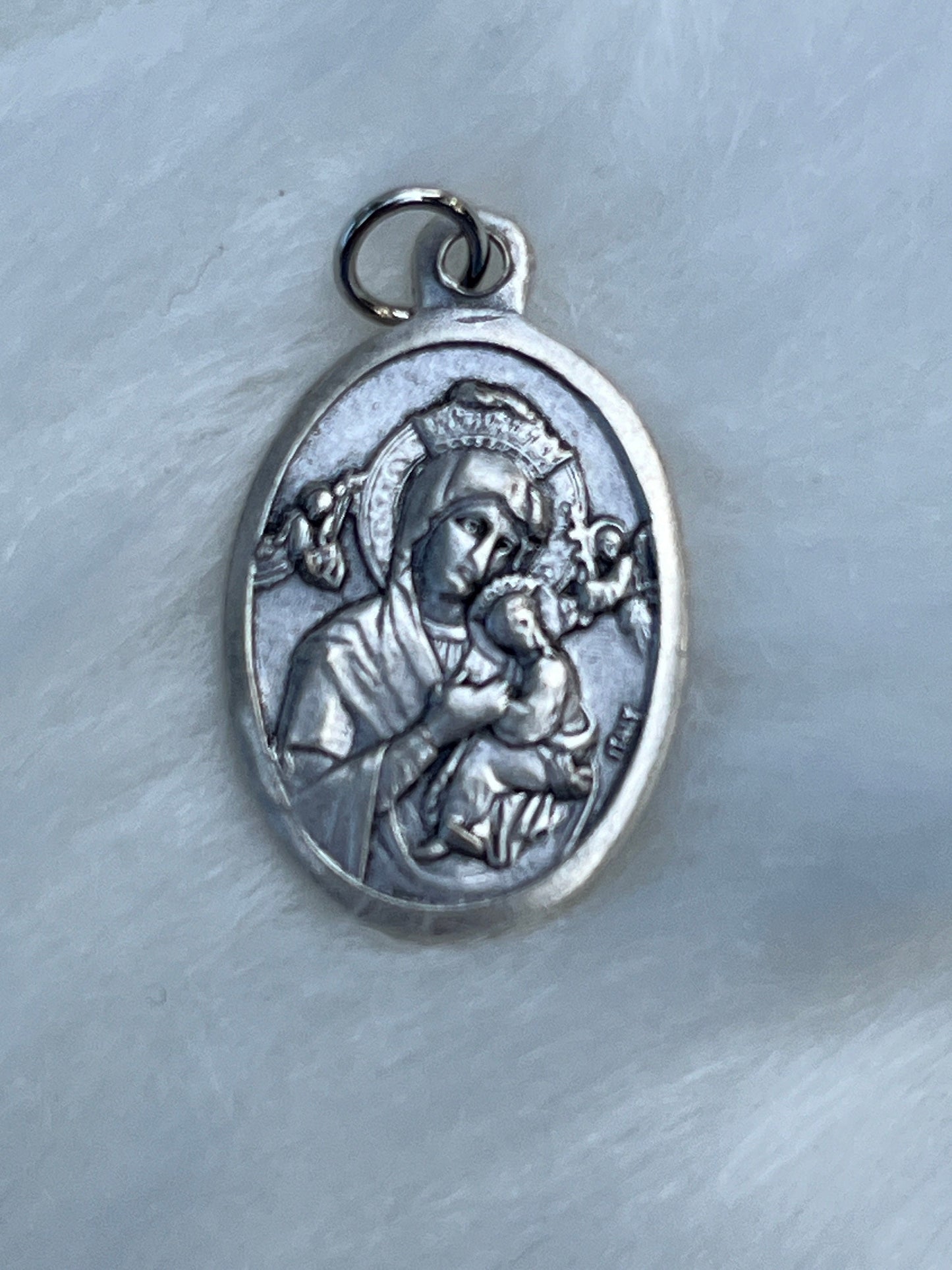 Our Lady of Perpetual Help and St Gerard Medal, Silver Oxidized Die Cast Patron Saint Medals, Patron Saint of Expectant Mothers