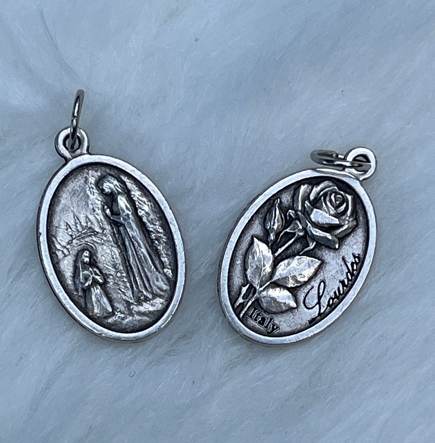 Our Lady of Lourdes, Medal for Healing, Silver Oxidized Die Cast Patron Saint Medals