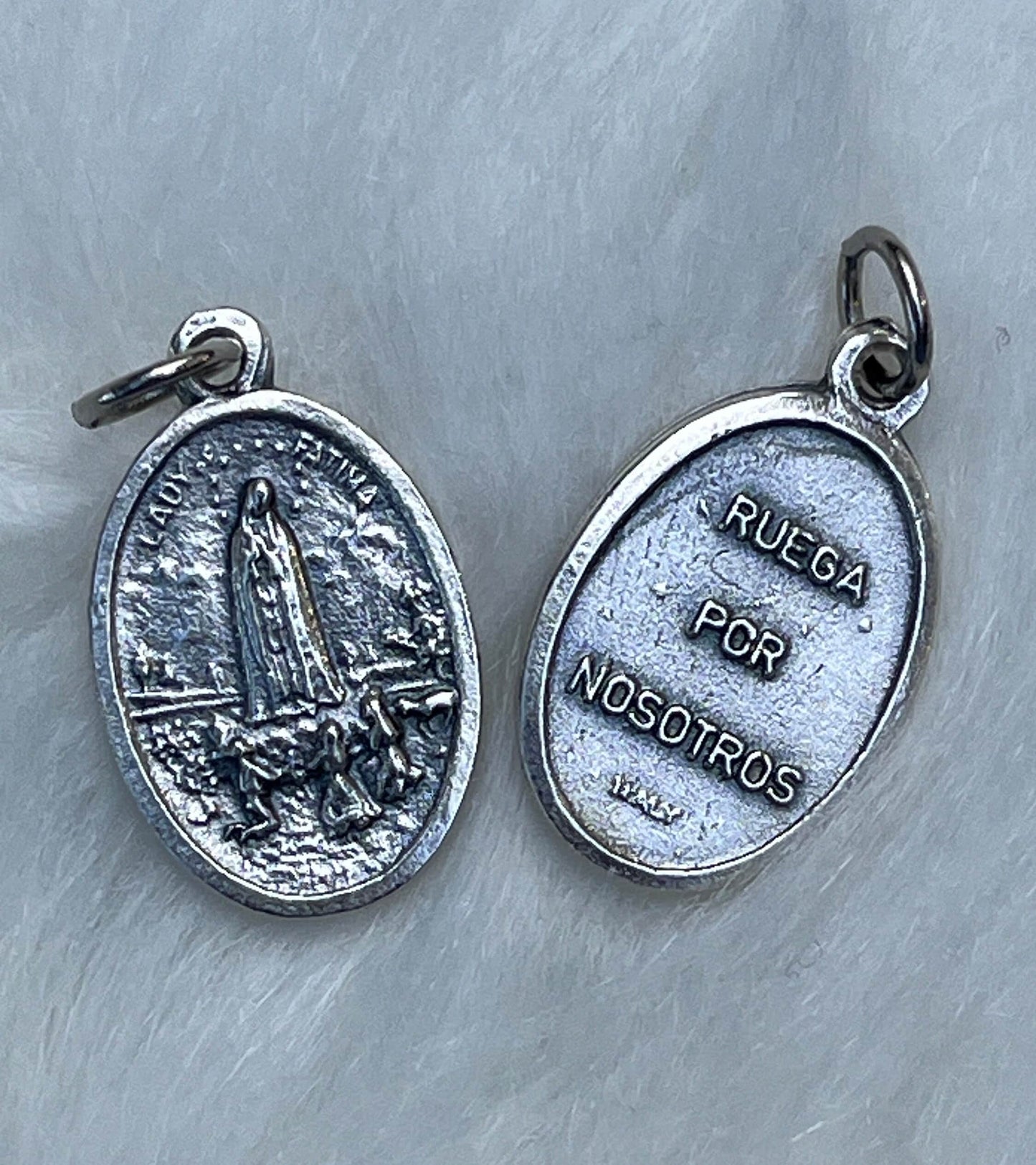 Our Lady of Fatima medal, Medal for Protection and Hope, Silver Oxidized Die Cast Patron Saint Medals, Ruega Por Nosotros