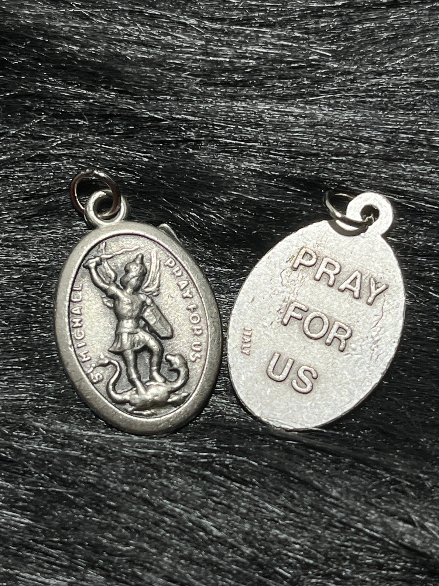 Saint Michael Medal, Patron Saint of grocers, soldiers, doctors, mariners, paratroopers, police, and sickness, Silver Oxidized Die Cast