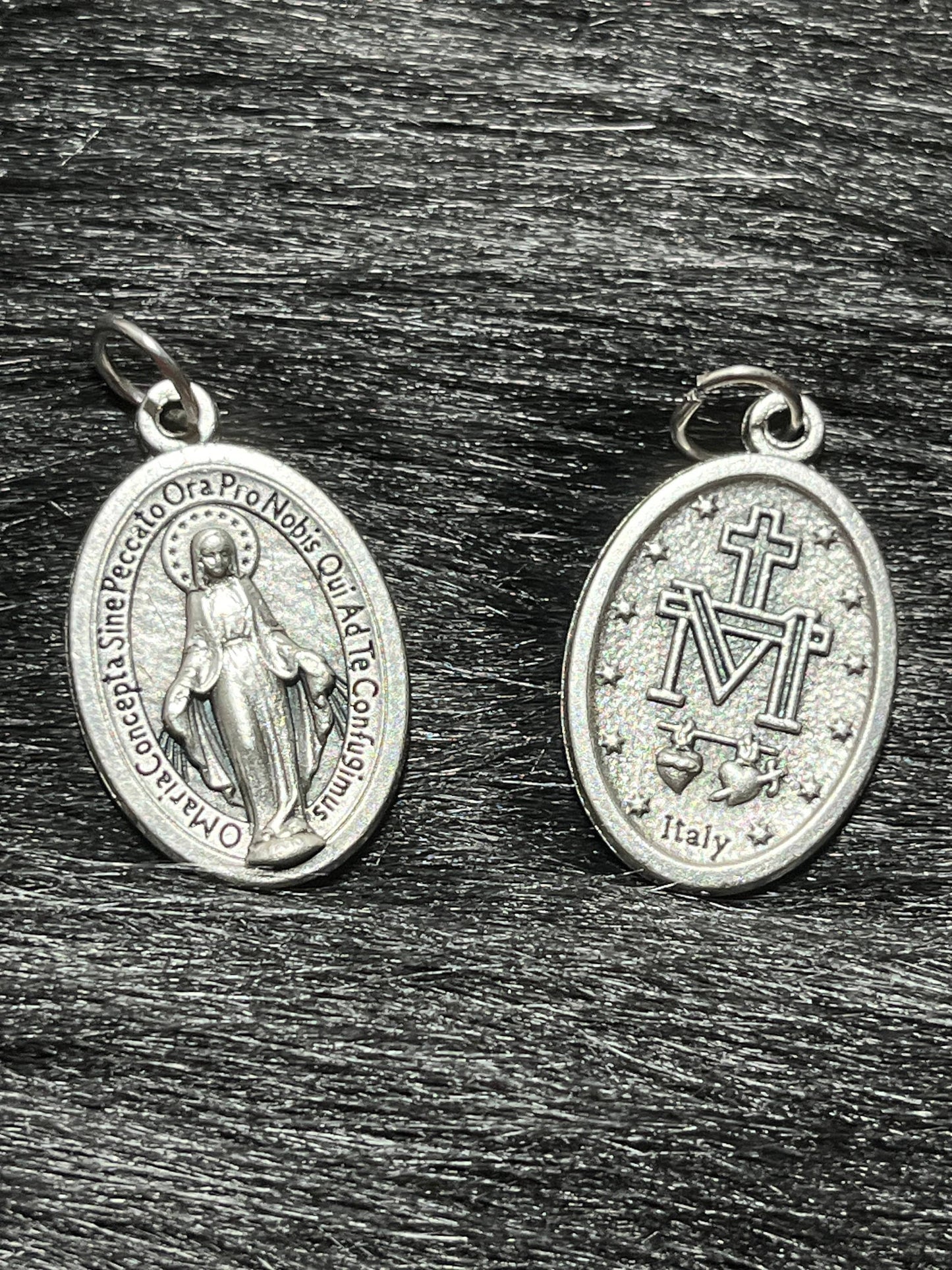 Miraculous Medal, Silver Oxidized Saint Medal, Latin Miraculous Medal