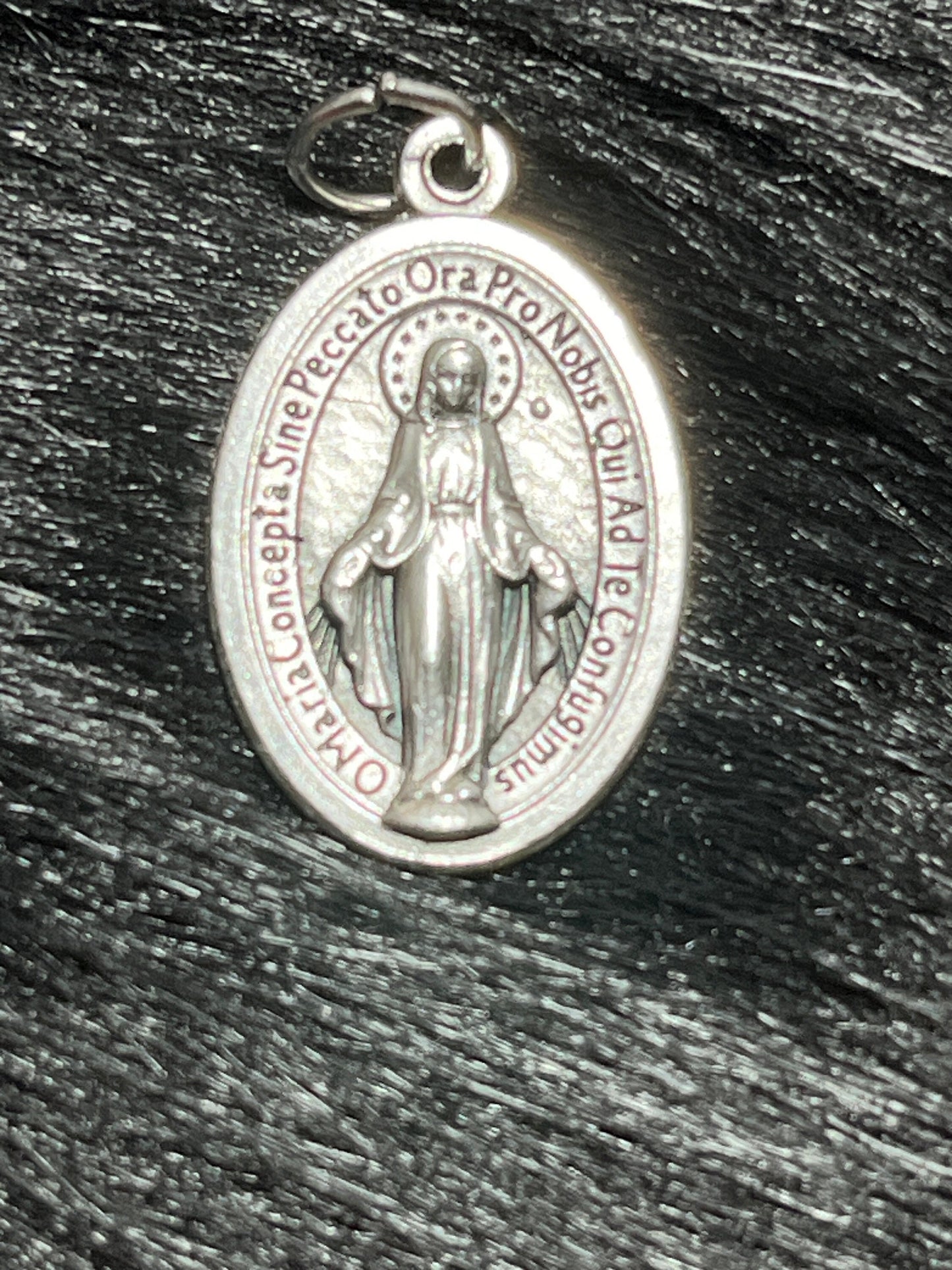 Miraculous Medal, Silver Oxidized Saint Medal, Latin Miraculous Medal