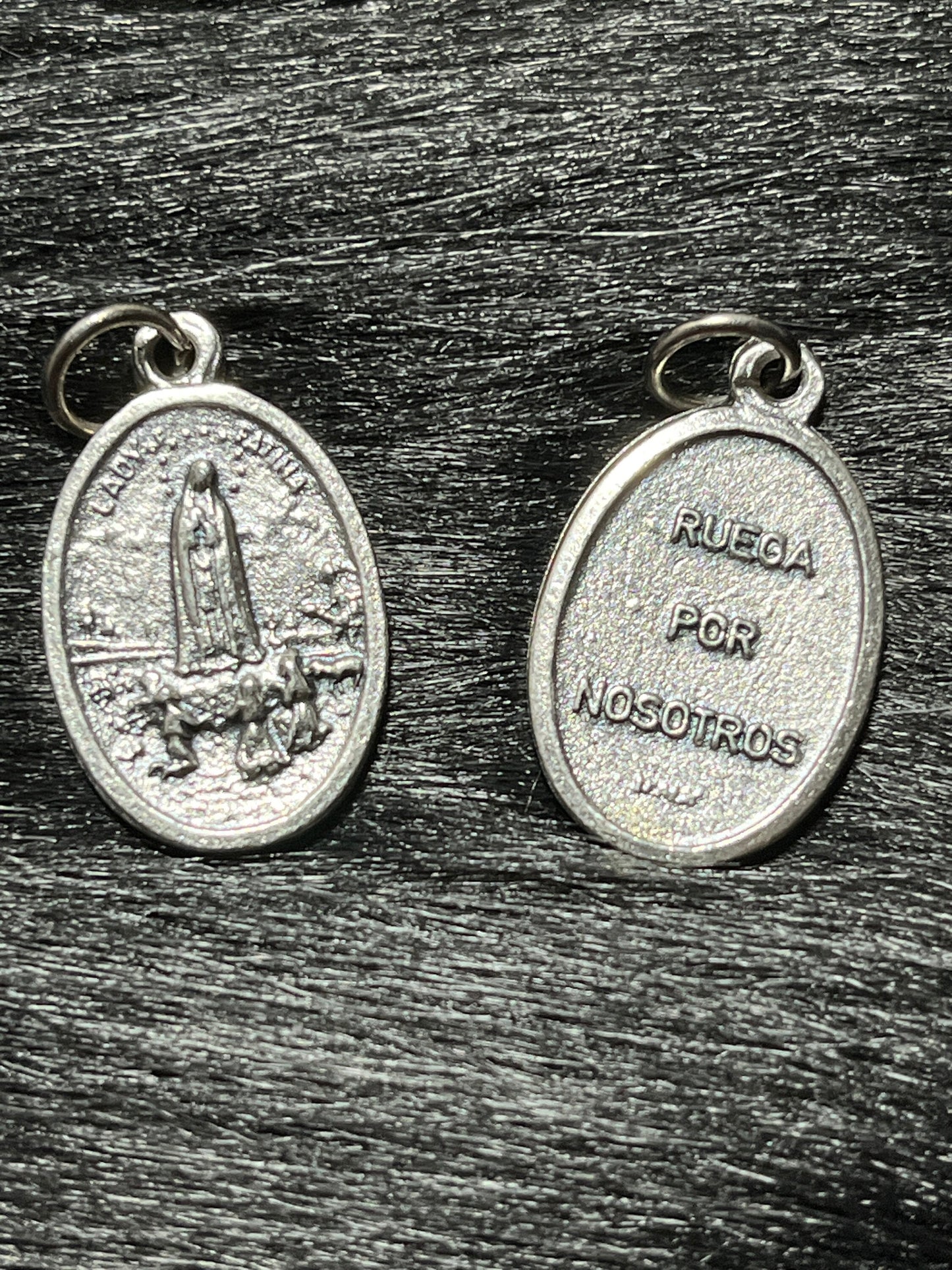 Our Lady of Fatima medal, Medal for Protection and Hope, Silver Oxidized Die Cast Patron Saint Medals, Ruega Por Nosotros