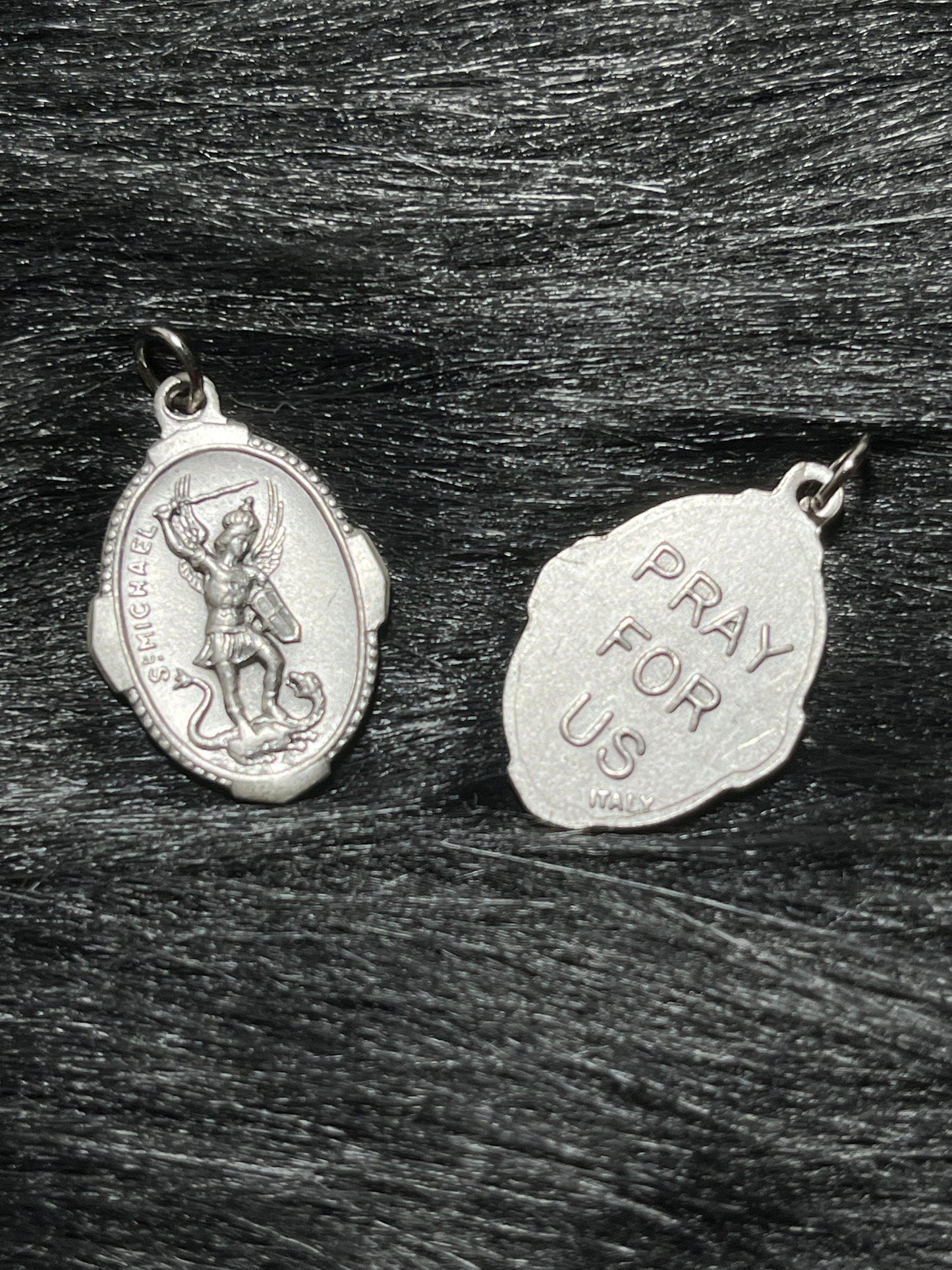 Saint Michael Medal, Patron Saint of grocers, soldiers, doctors, mariners, paratroopers, police, and sickness, Silver Oxidized Die Cast