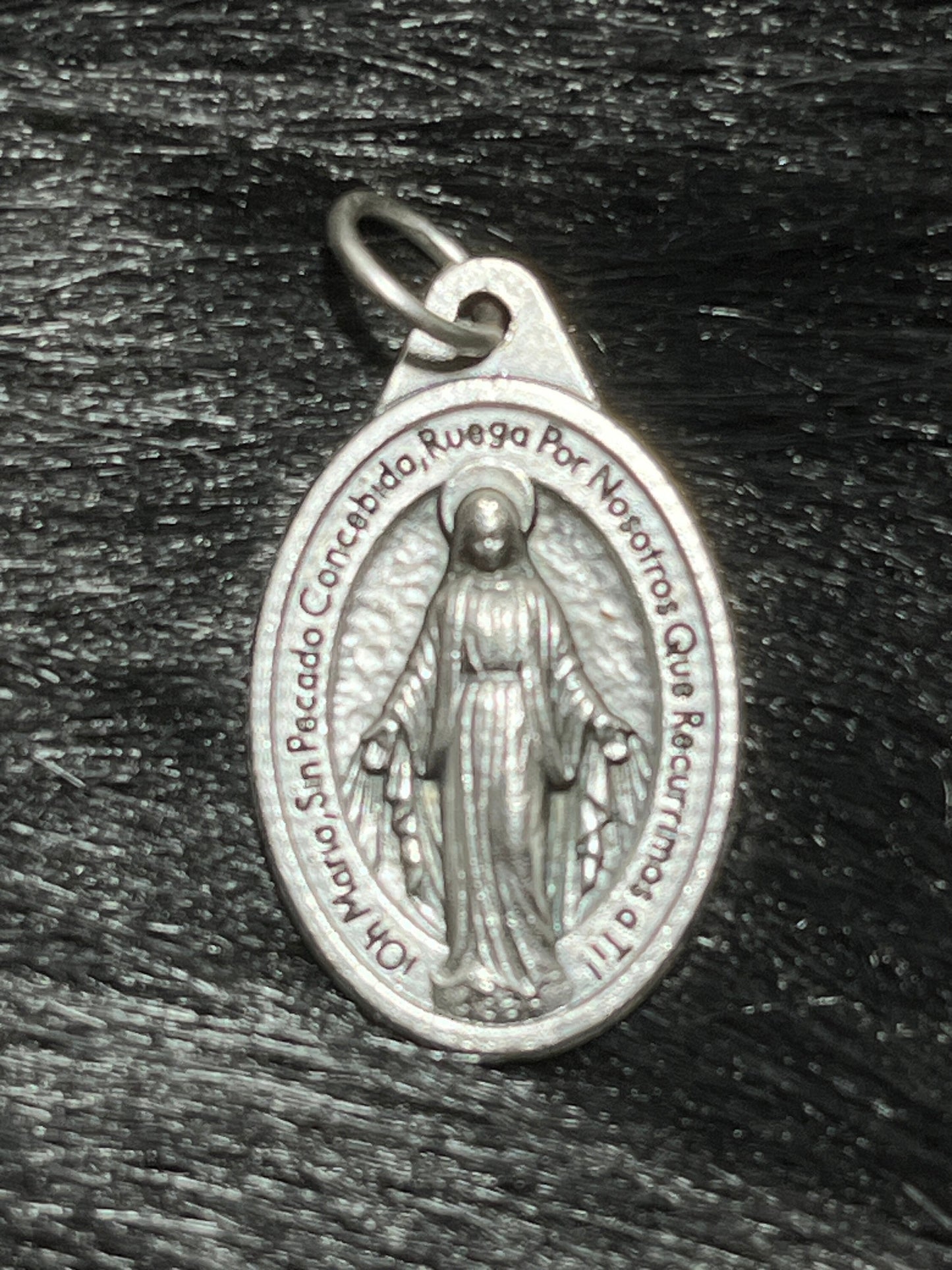 Miraculous Medal, Silver Oxidized Saint Medal, Spanish Miraculous Medal