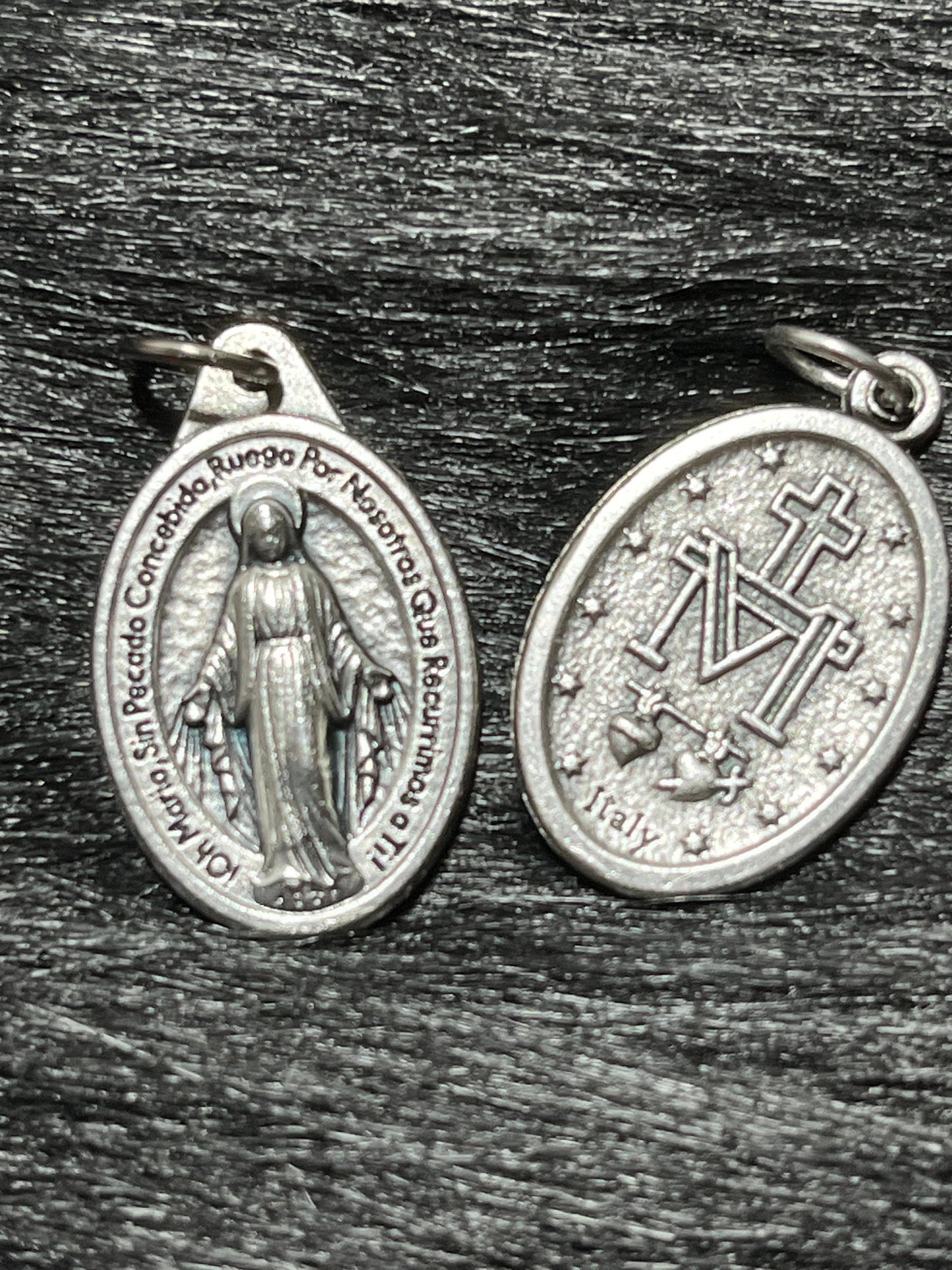 Miraculous Medal, Silver Oxidized Saint Medal, Spanish Miraculous Medal