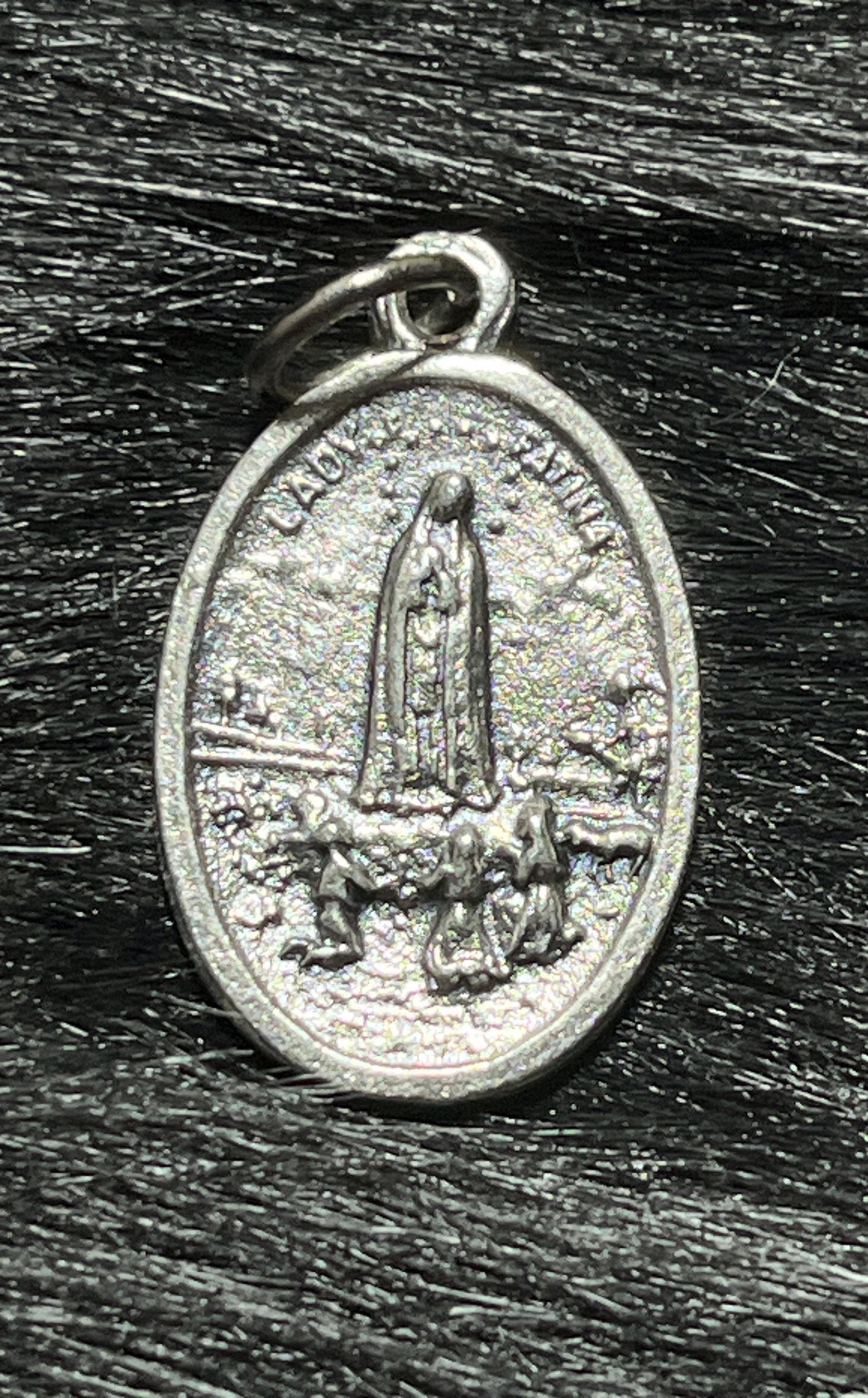 Our Lady of Fatima medal, Medal for Protection and Hope, Silver Oxidized Die Cast Patron Saint Medals, Ruega Por Nosotros