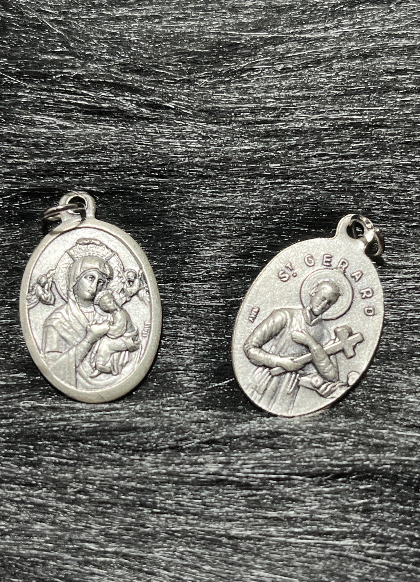 Our Lady of Perpetual Help and St Gerard Medal, Silver Oxidized Die Cast Patron Saint Medals, Patron Saint of Expectant Mothers